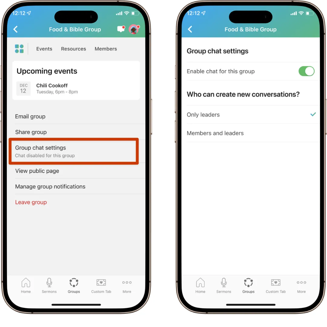 Two smartphone screens showing a group chat settings menu for "Food & Bible Group." The chat can be enabled, and message permissions are adjustable.