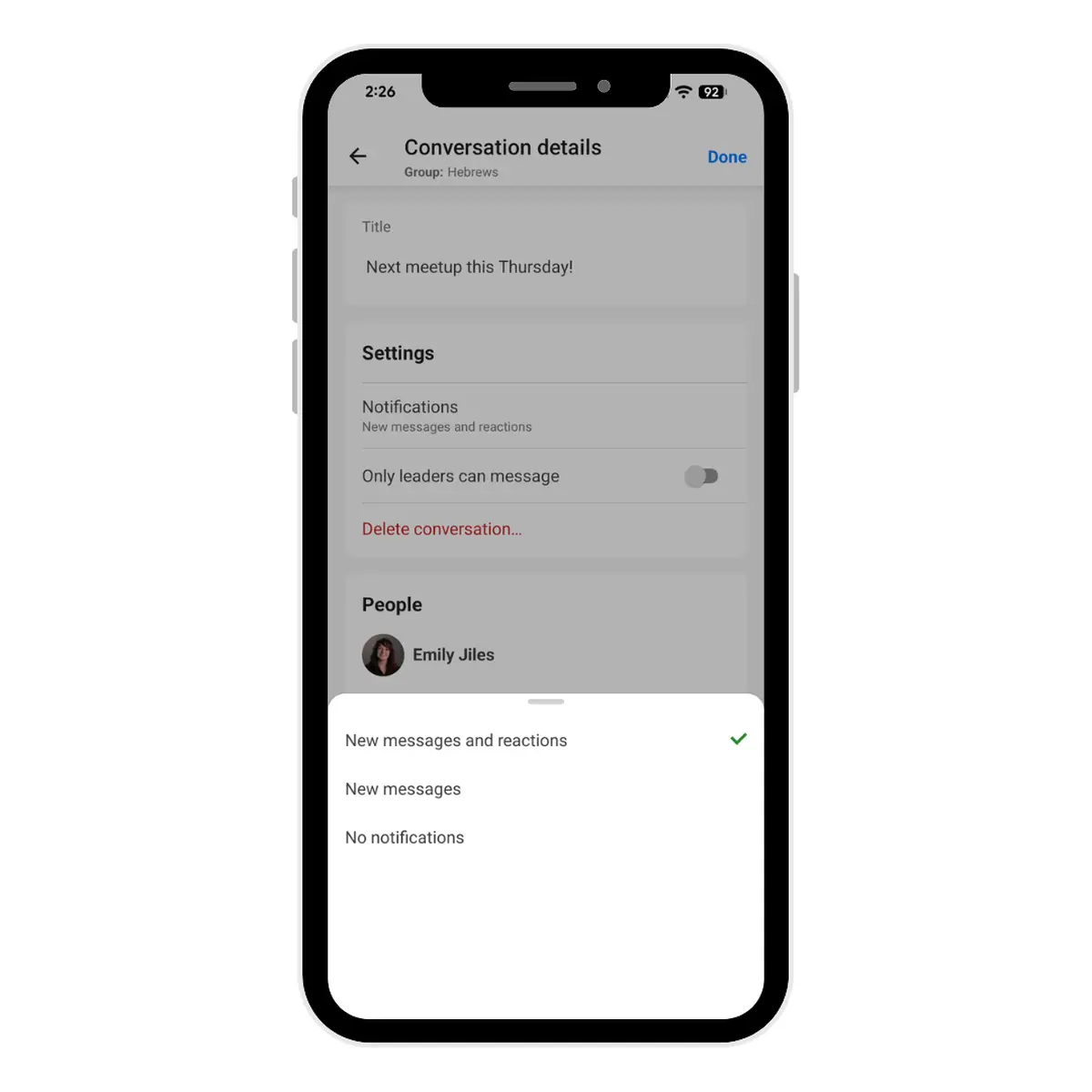 The conversation notification settings are: New messages and reactions, new messages, or no notifications.