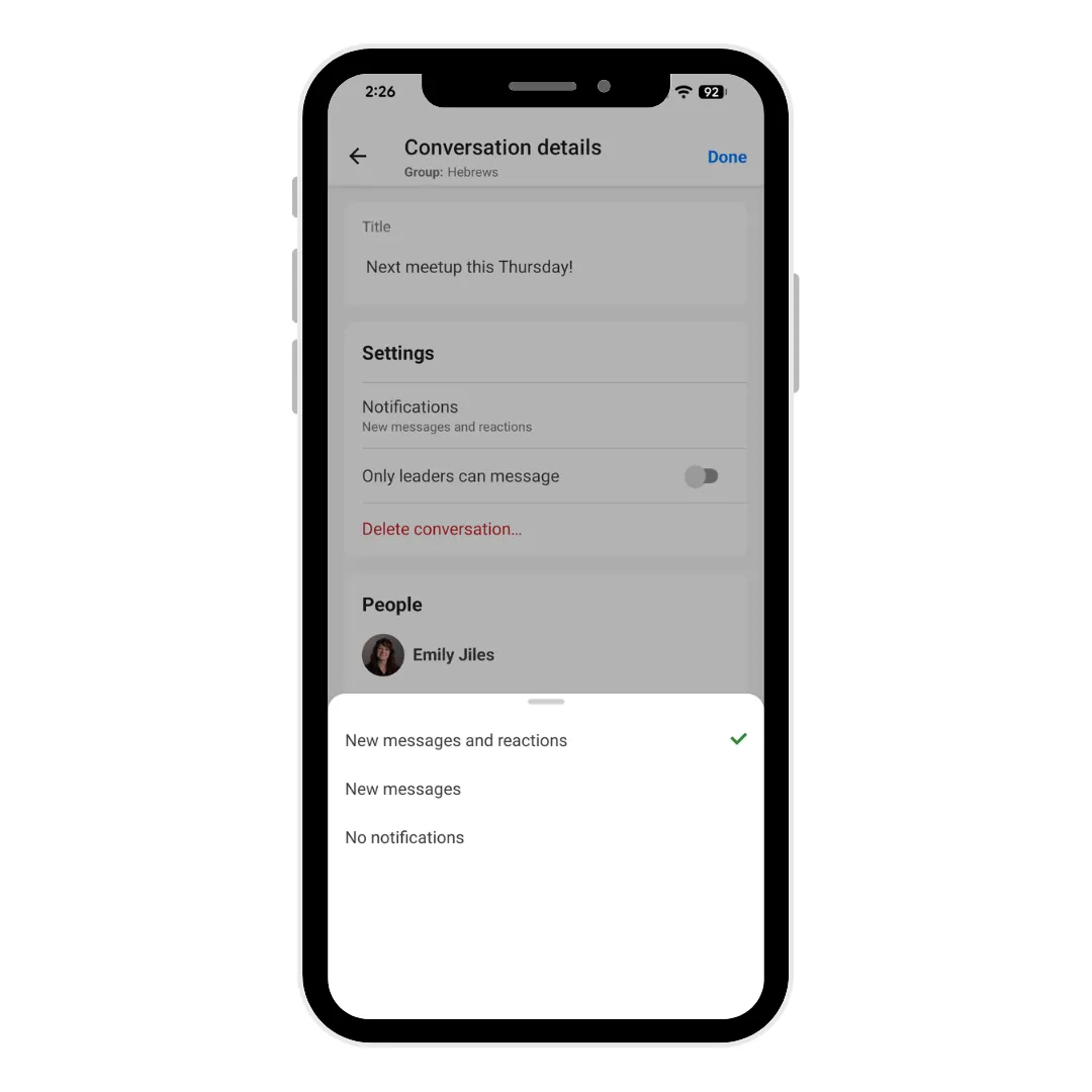 The conversation notification settings are: New messages and reactions, new messages, or no notifications.