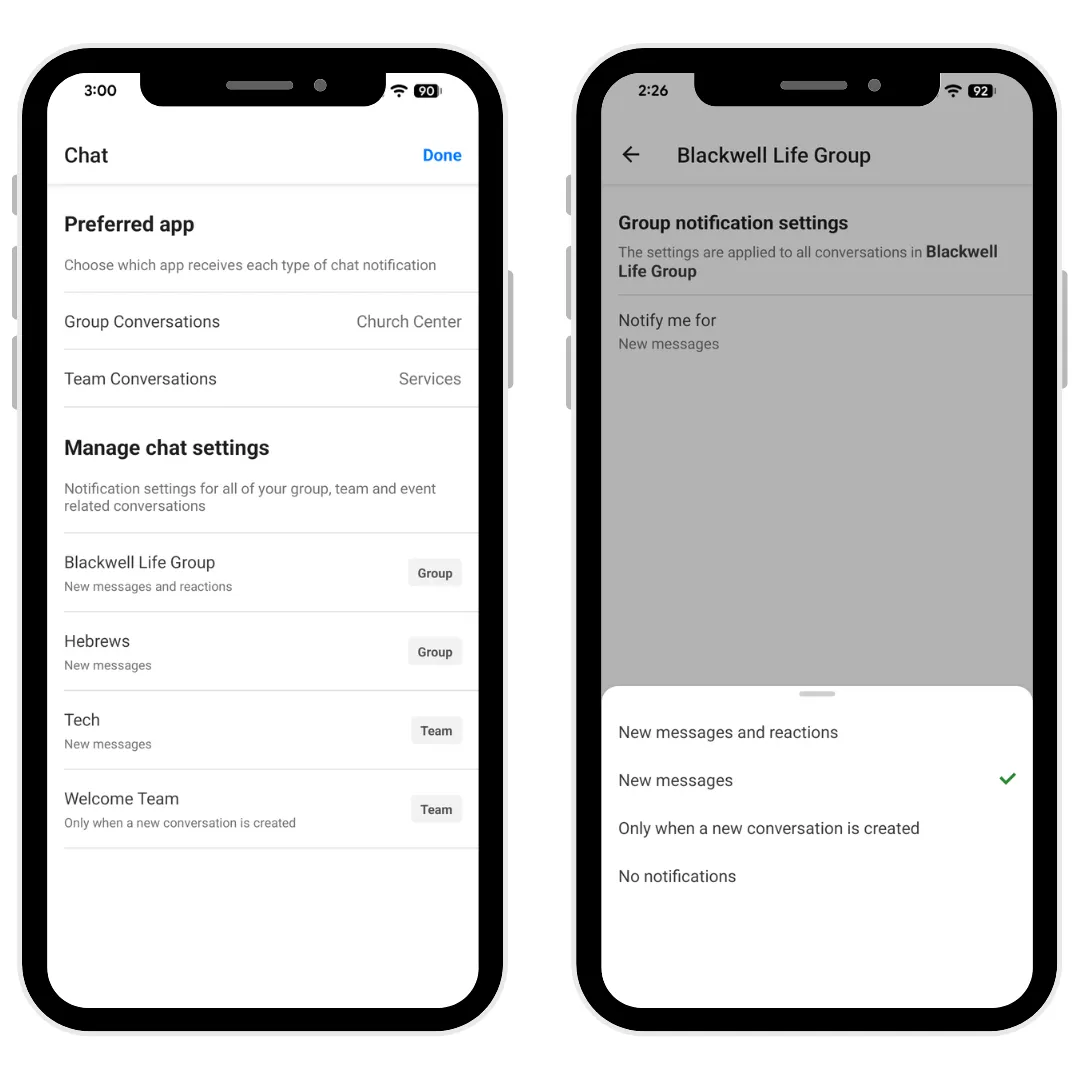 Notification settings: preferred app and group/team based settings
