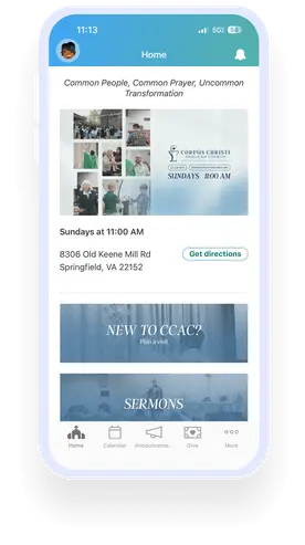 A smartphone screen displays a church app with photos and details for Corpus Christi Anglican Church, including service times and location.