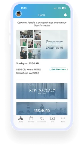 A smartphone screen displays a church app with photos and details for Corpus Christi Anglican Church, including service times and location.