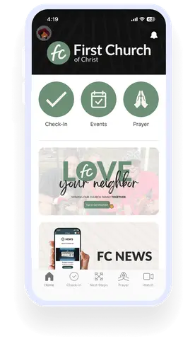 Mobile app interface of "First Church of Christ" with options for check-in, events, prayer, and news updates.