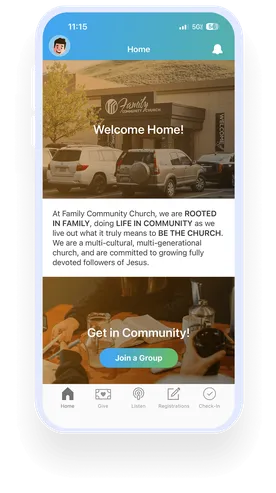 A mobile app interface for Family Community Church featuring text about embracing community and church life, with an option to join a group.