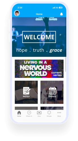 Smartphone screen displaying a church app with sections for "Welcome," "Living in a Nervous World," "Notes," and "Events," with app menu icons below.