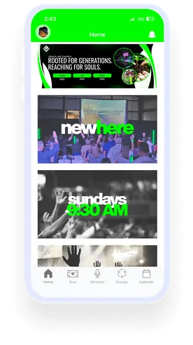 A smartphone screen displays a church app with banners, event details, and bottom navigation icons for home, give, sermons, groups, and calendar.
