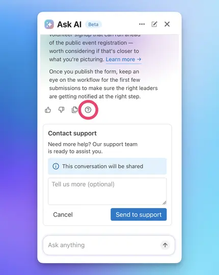 Showcasing how to contact a human support agent from Ask AI
