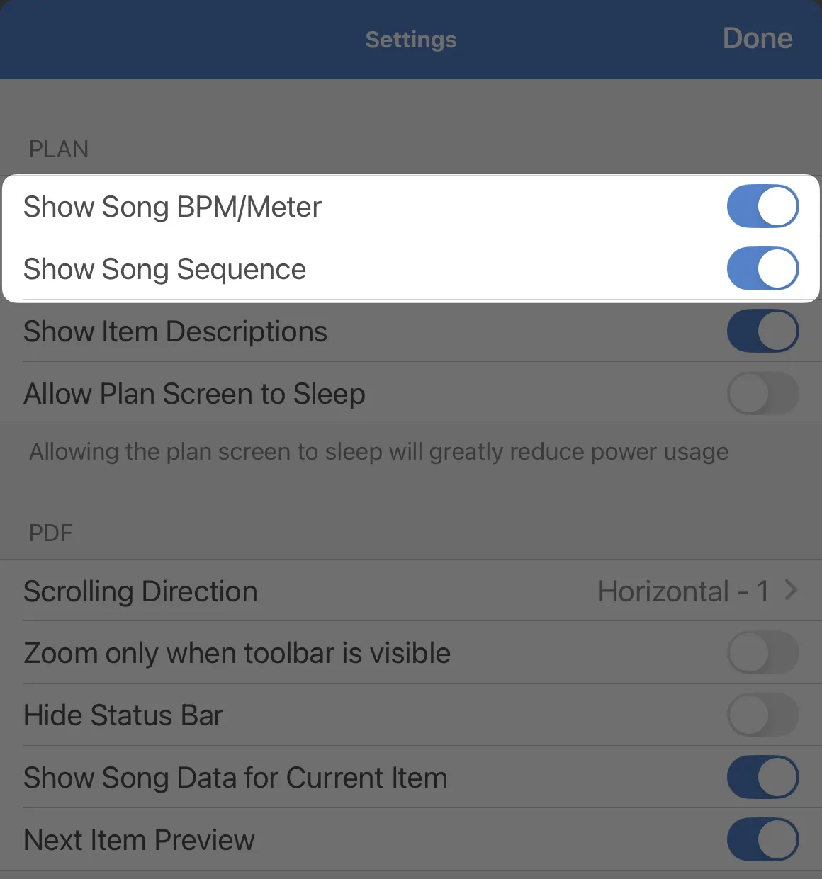 Settings menu showing options for "Show Song BPM/Meter" and "Show Song Sequence" with toggles switched on. Other options are dimmed.
