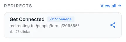 "Redirects page showing 'Get Connected' link to /people/forms/206555/ with 27 clicks; option to view all redirects and share."