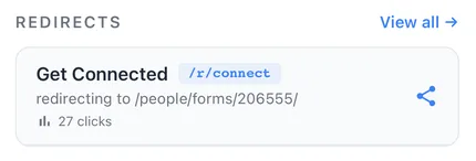 "Redirects page showing 'Get Connected' link to /people/forms/206555/ with 27 clicks; option to view all redirects and share."