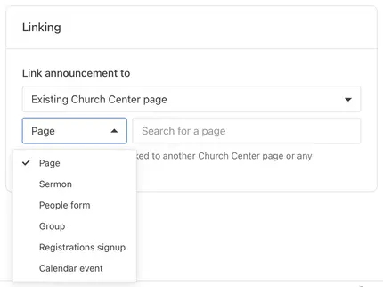 Dropdown menu in a linking interface for Church Center, showing options like Page, Sermon, and Sign-up forms.