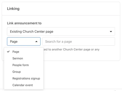 Dropdown menu in a linking interface for Church Center, showing options like Page, Sermon, and Sign-up forms.