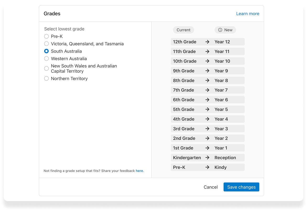 Updating grades in account settings to match the South Australian naming conventions