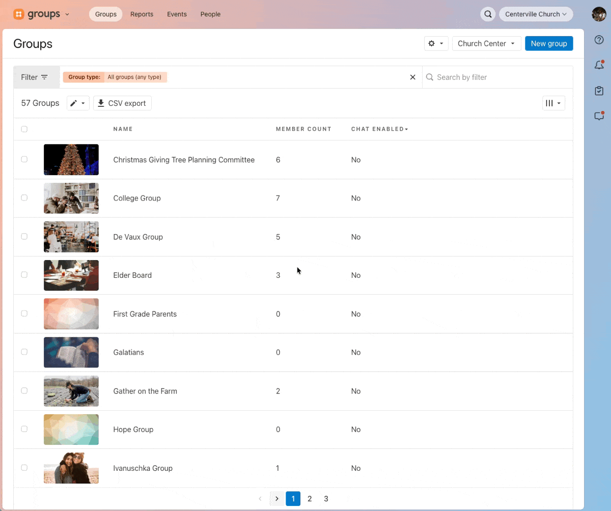 Animation showing the user selecting groups, bulk edit, and then enabling chat for all of them.