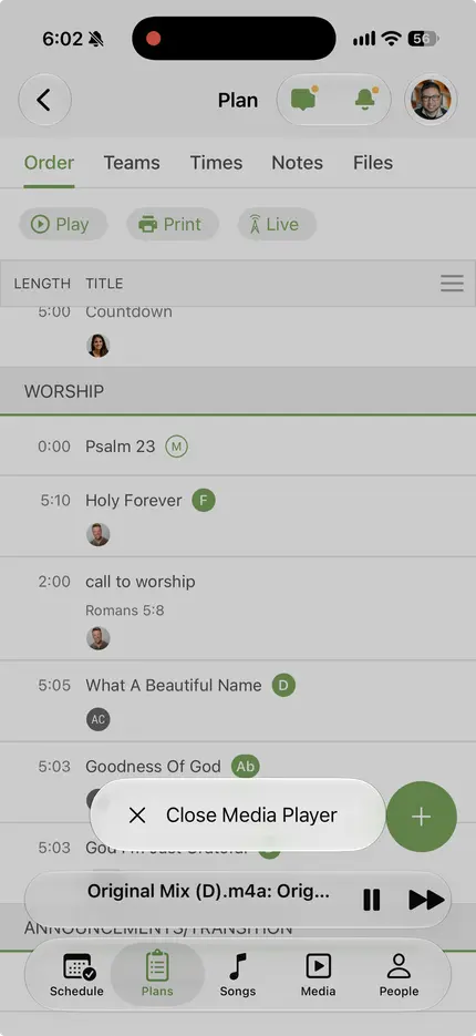 A church service planning app screen displaying a list of worship songs and a media player with options to close or play music.