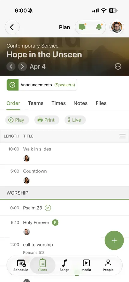 Service plan interface titled "Hope in the Unseen" on April 4, with sections for announcements, teams, and a worship schedule featuring Psalm 23.