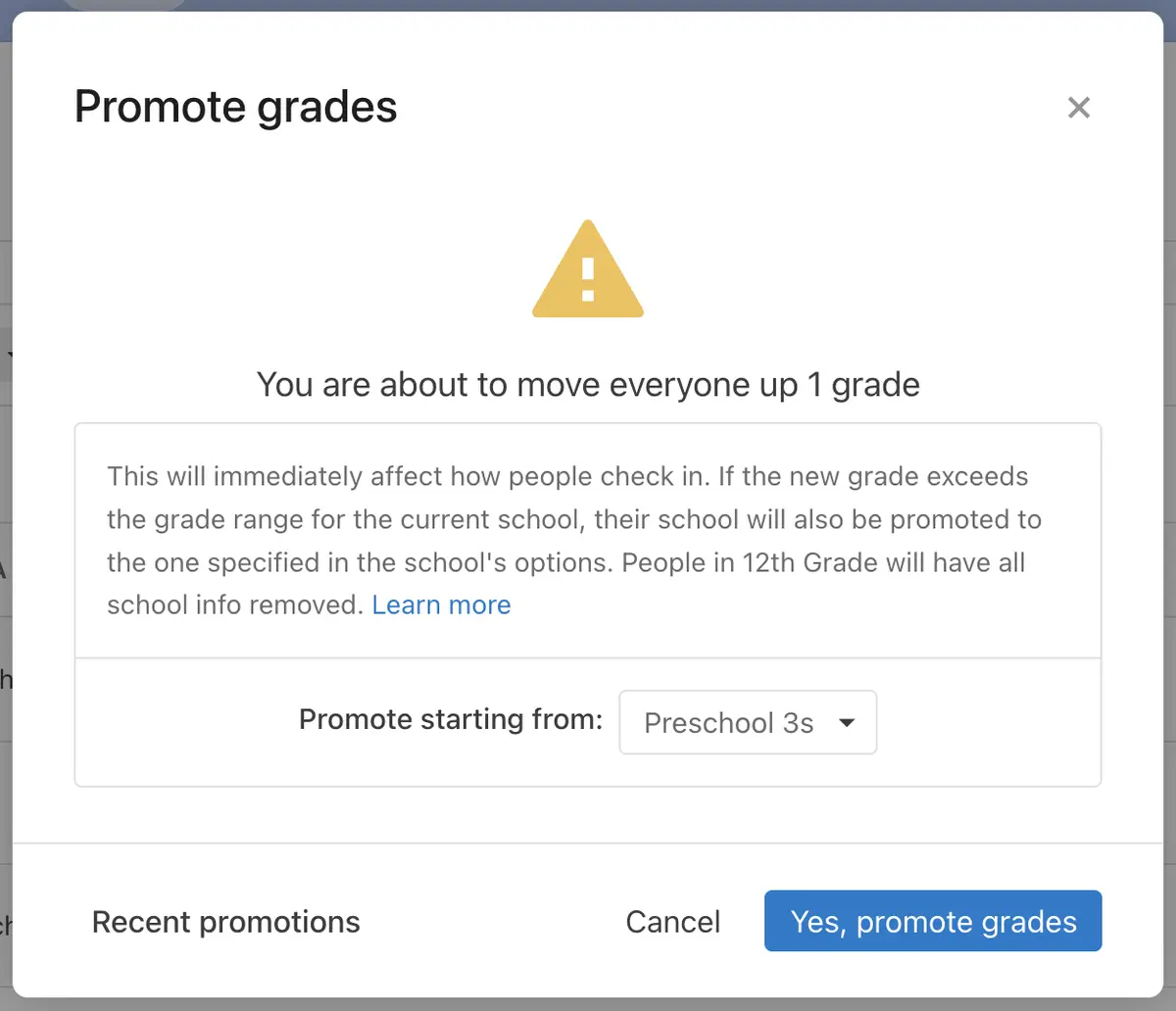 Dialog "Promote grades" with warning triangle: "You are about to move everyone up 1 grade" and Cancel / "Yes, promote grades" buttons.