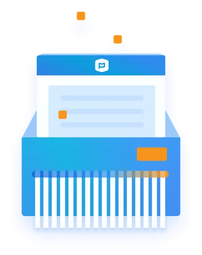 Illustration of a document being shredded. A blue gradient shredder with small orange rectangles and a document with a blue header at the top.