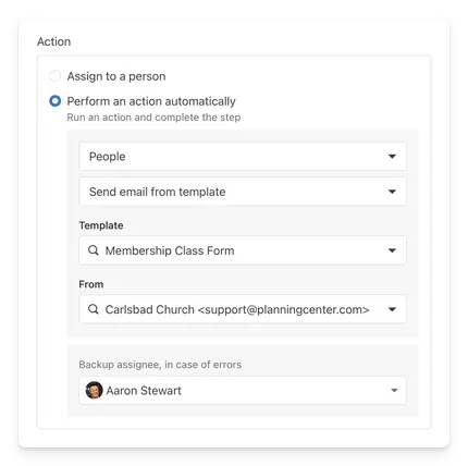 A workflow step configured to send a "Membership Class Form" email automatically