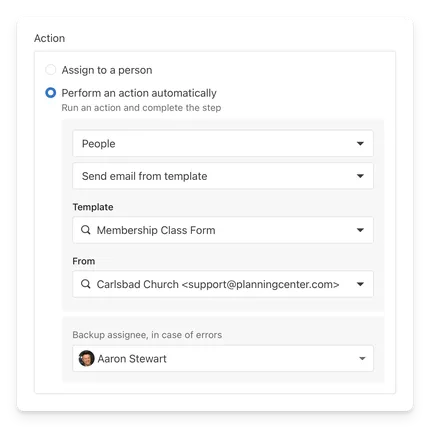 A workflow step configured to send a "Membership Class Form" email automatically