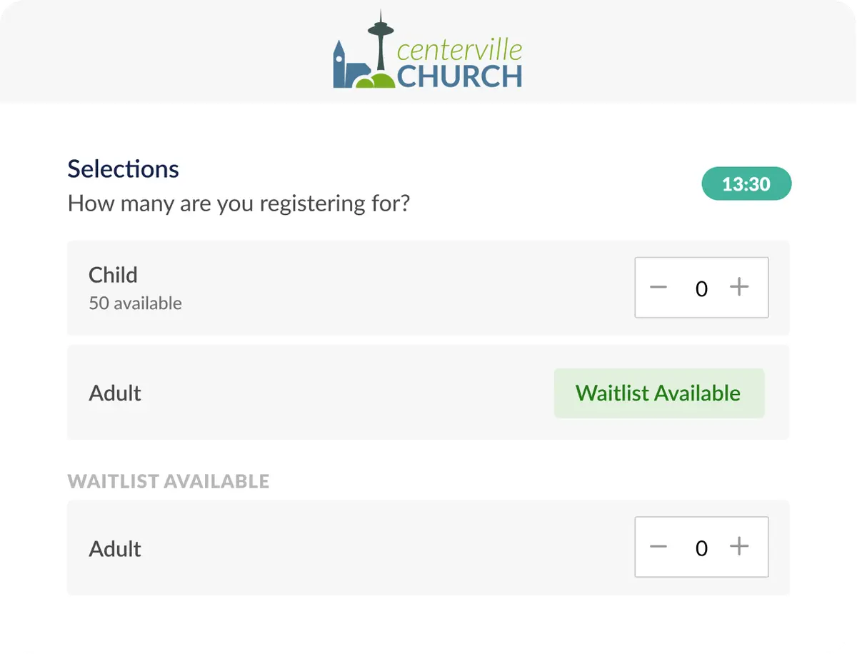 An online event signup showing there is a waitlist for adult attendees.
