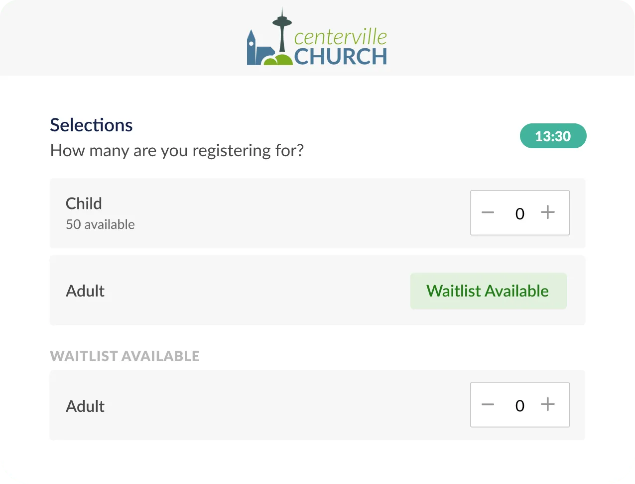 An online event signup showing there is a waitlist for adult attendees.