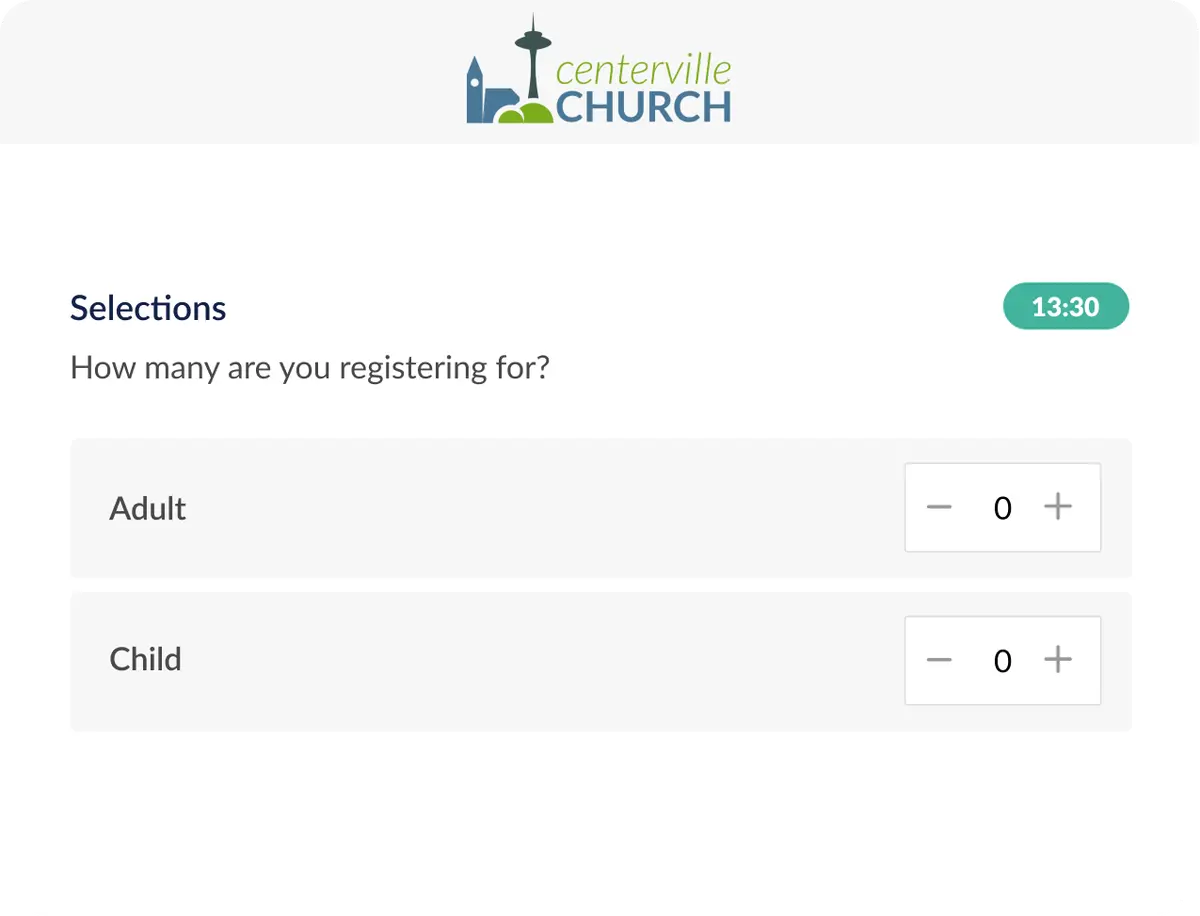 An example of a simple event signup showing registration options for selecting multiple adults and kids.