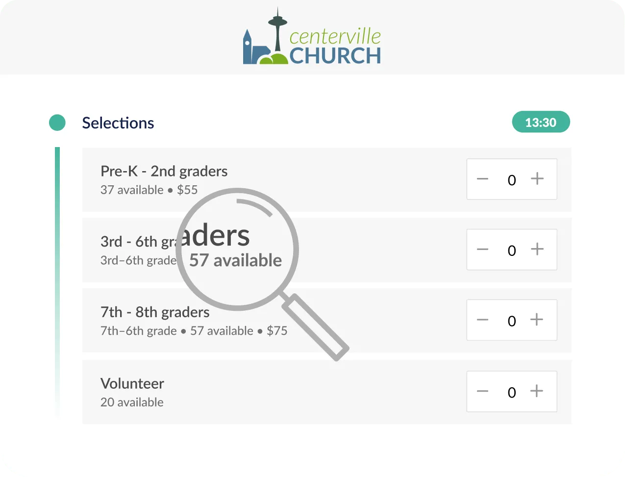 An event signup showing that there are only a certain number of people allowed in each category.