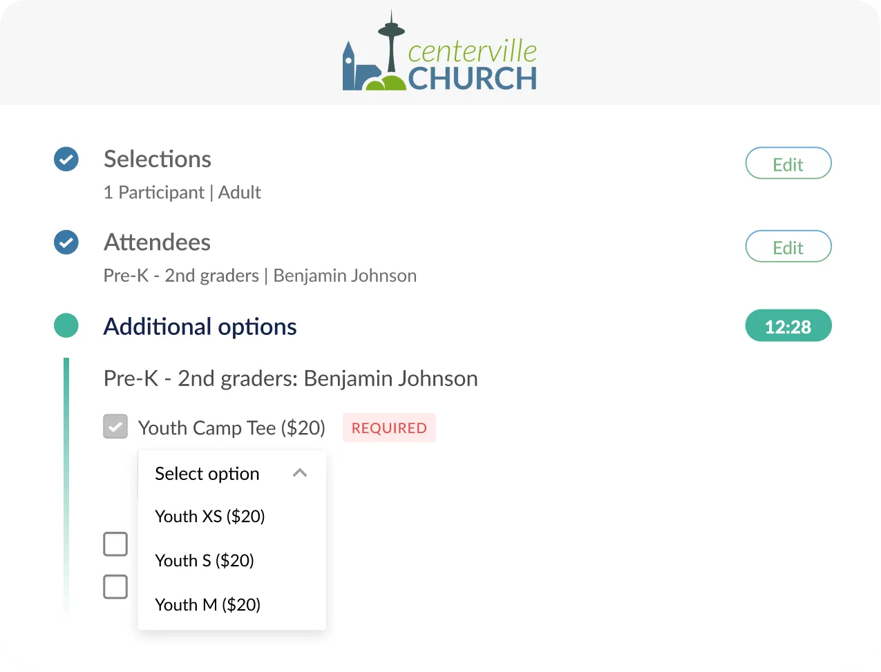An event signup showing how people can add purchases to their registration, like a camp t-shirt.