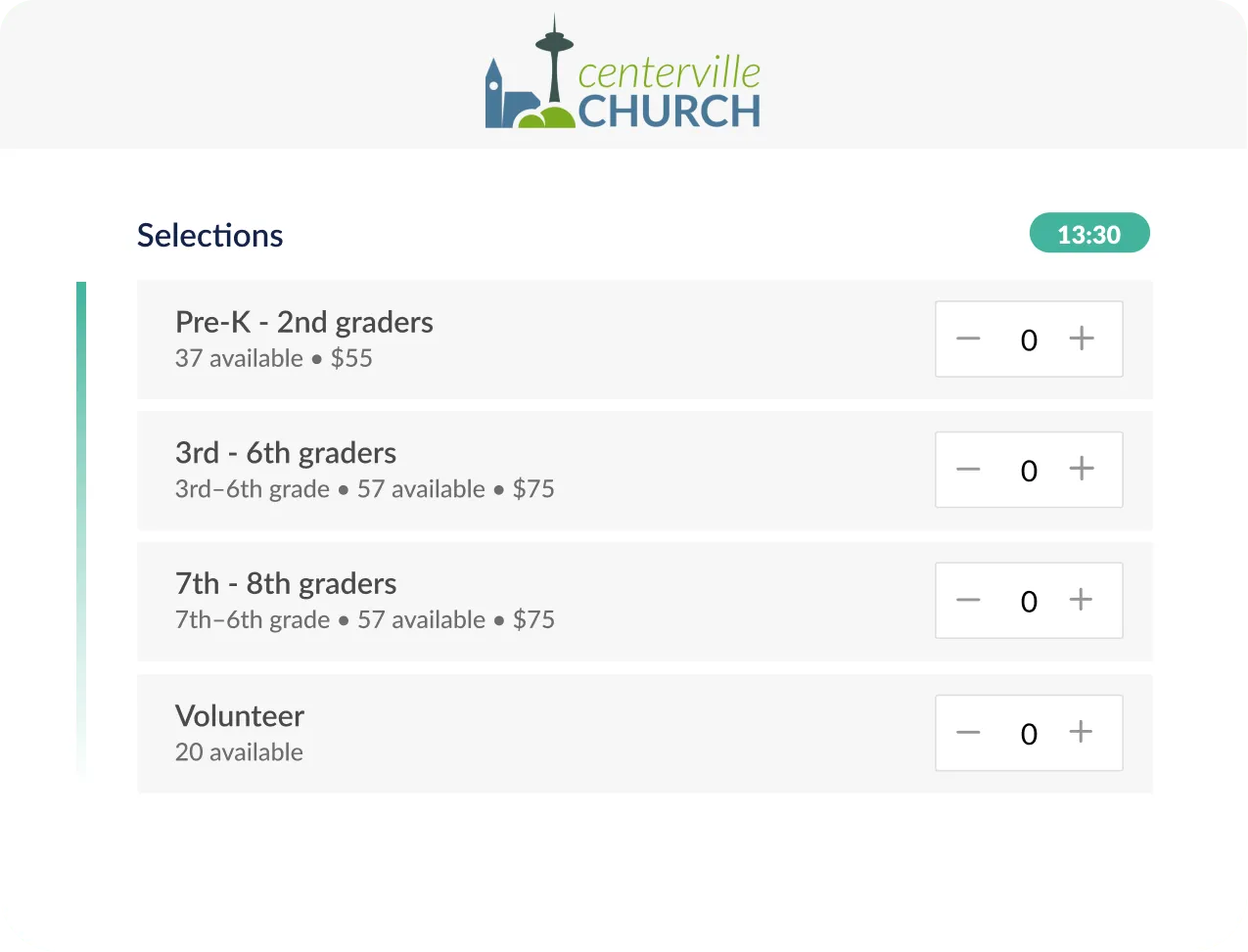 A signup for an event with a list of the different age groups who can sign up for the VBS event.