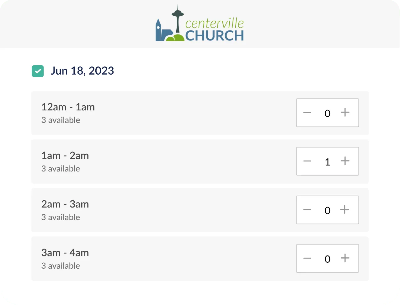 An example of an online event signup with multiple time slots available that people can select from.