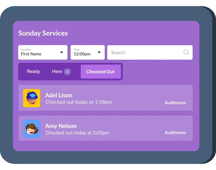 An example of showing a list of people who have checked out of an event and what time.