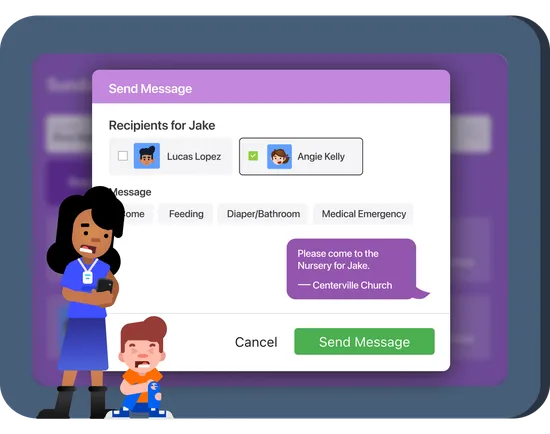 Illustration of a church volunteer texting a parent about a child emergency through Check-Ins.