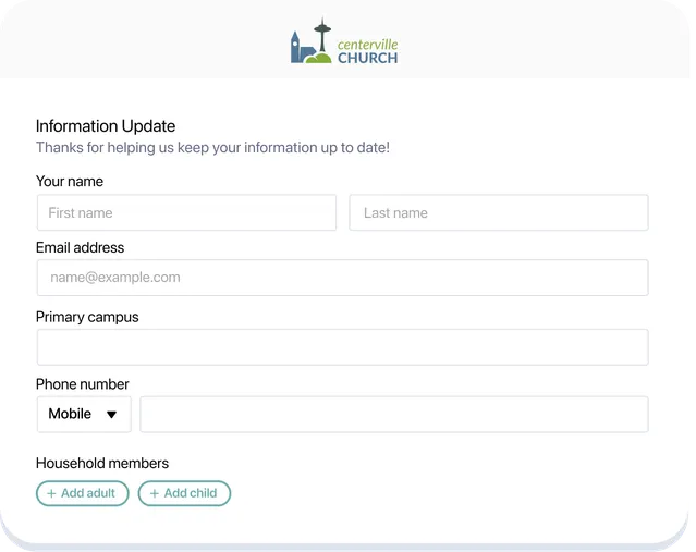 A form to update information with fields to enter in contact information like a name and email address.