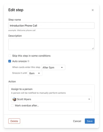 A workflow step settings modal with snooze checked and it set to snooze after 5pm and unsnooze at 8am
