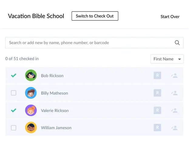 A list of children who have signed up for VBS being checked in to the event with Planning Center Check-Ins.