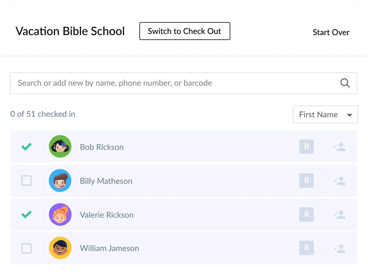 A list of children who have signed up for VBS being checked in to the event with Planning Center Check-Ins.