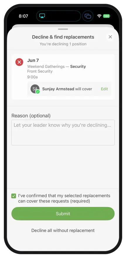 App screen showing schedule decline with replacement. Event: Security on June 7 at 9:00 AM. Replacement: Sunjay Armstead. Confirmation checkbox ticked.