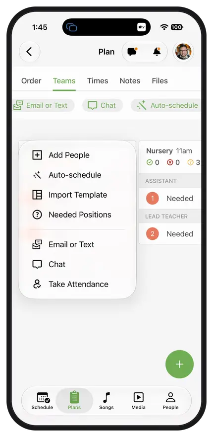 A smartphone screen displaying a scheduling app interface with menu options like "Add People" and "Auto-schedule", and nursery staffing needs.