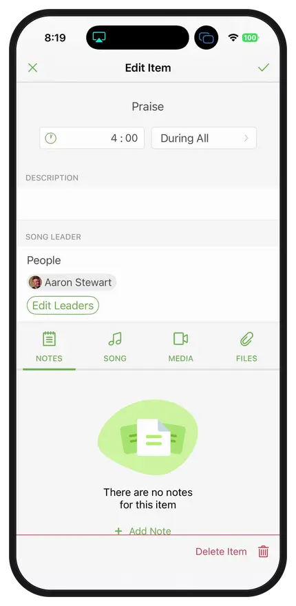 App screenshot showing "Edit Item" page titled "Praise" with no notes, led by a person. Options: Edit Leaders, Add Note, Delete Item.
