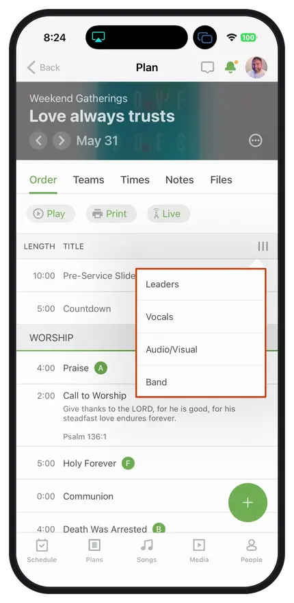 Mobile app screen showing a church service plan with schedule details and menu options like Leaders, Vocals, Audio/Visual, and Band.