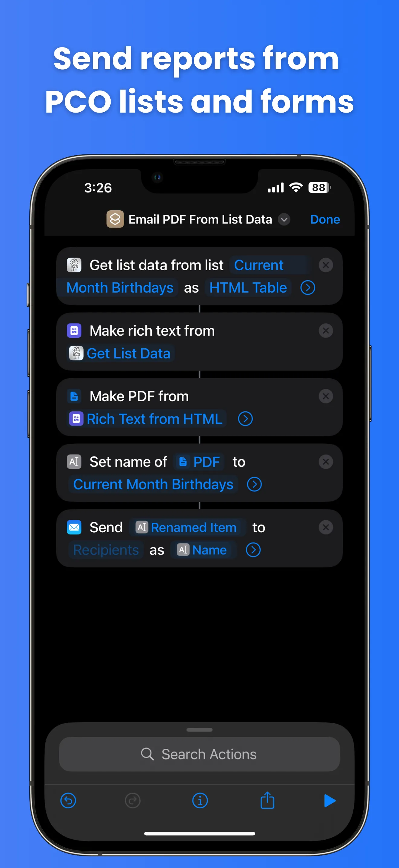Actions for PCO integration screenshot 3