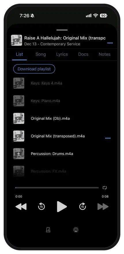Phone screen displaying a music playlist titled "Raise A Hallelujah: Original Mix" with various audio files and playback controls.