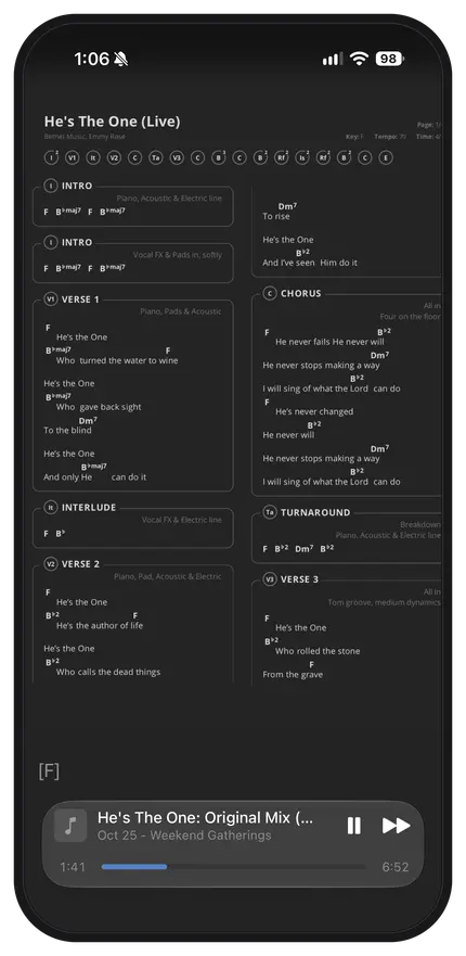 Smartphone screen displaying song lyrics and chord progressions for "He's The One (Live)" by Bethel Music featuring Emmy Rose.