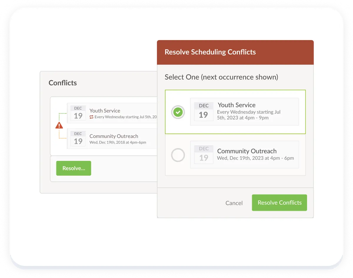 An image showing two events requesting the same date and the conflict being resolved.