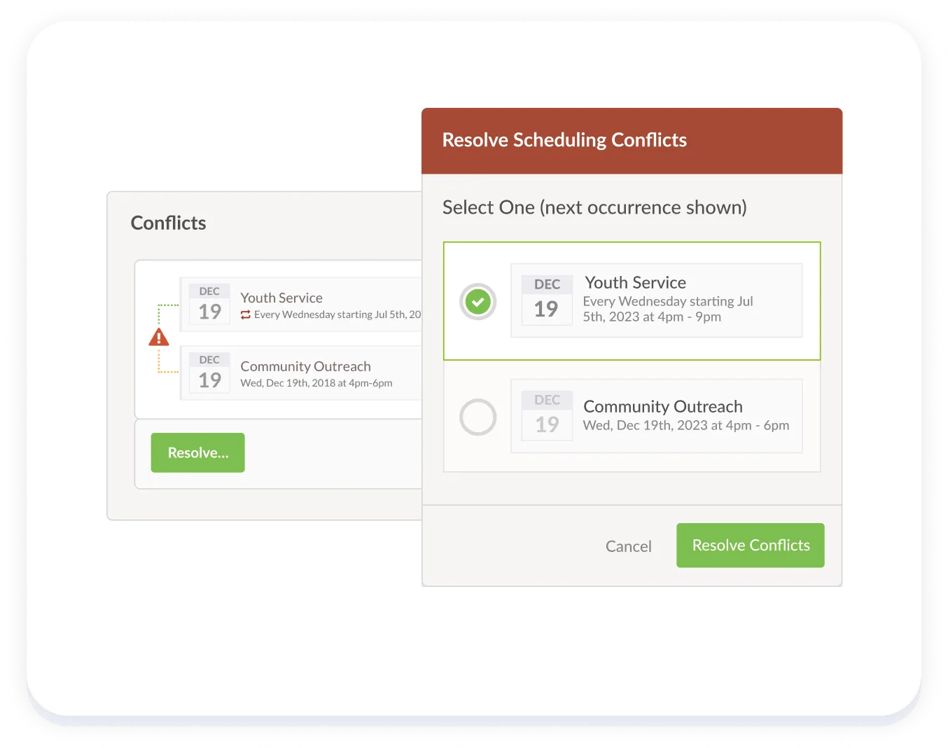 An image showing two events requesting the same date and the conflict being resolved.