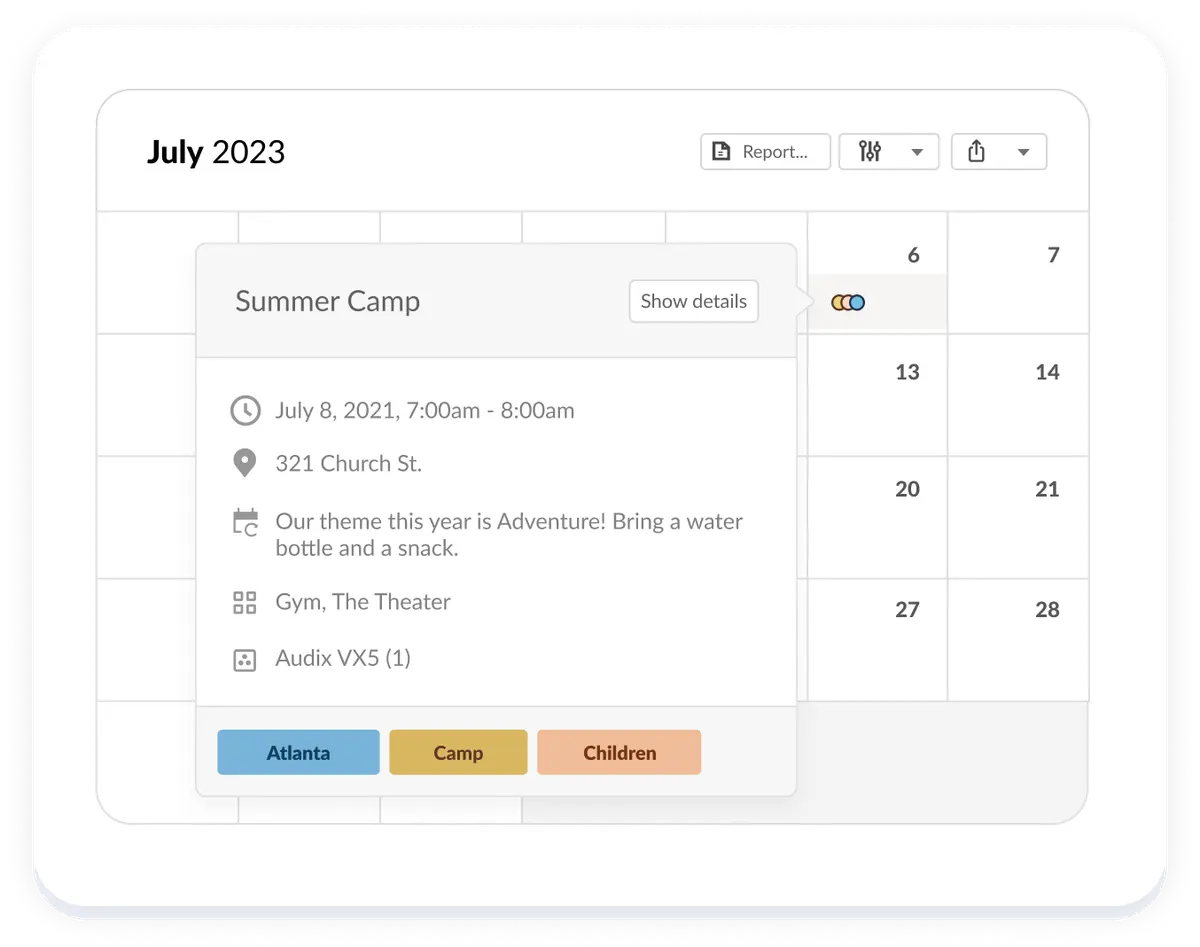 planning center calendar event for summer camp showing details