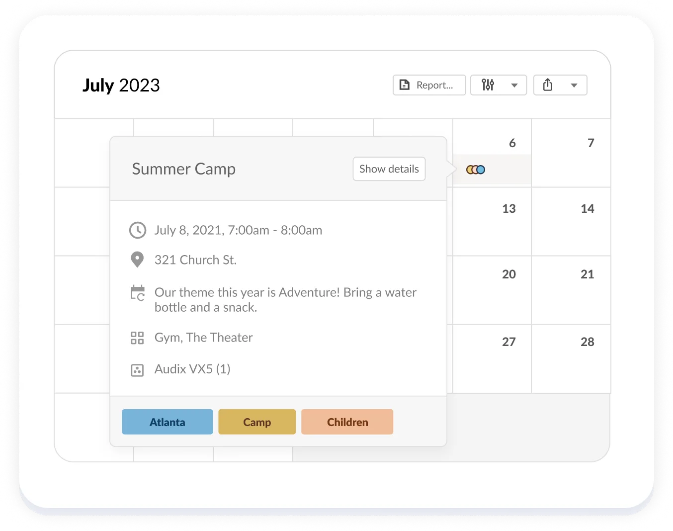 planning center calendar event for summer camp showing details