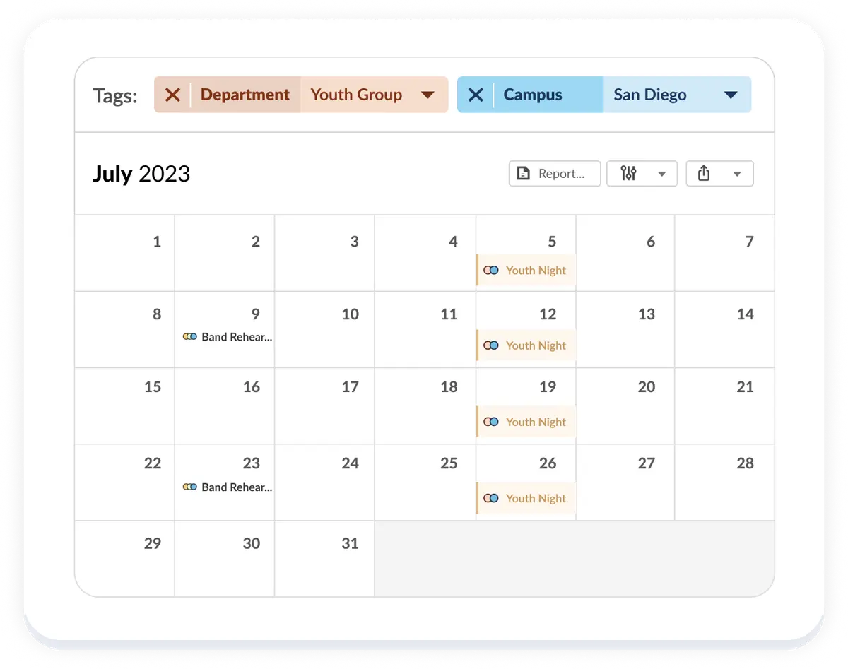 planning center calendar showing a subset of events filtered by two tags