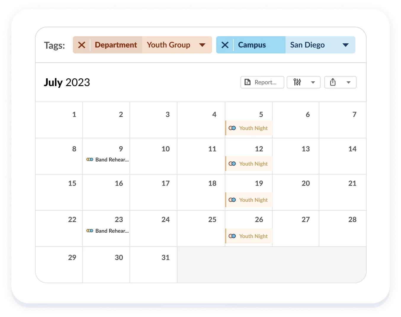 planning center calendar showing a subset of events filtered by two tags
